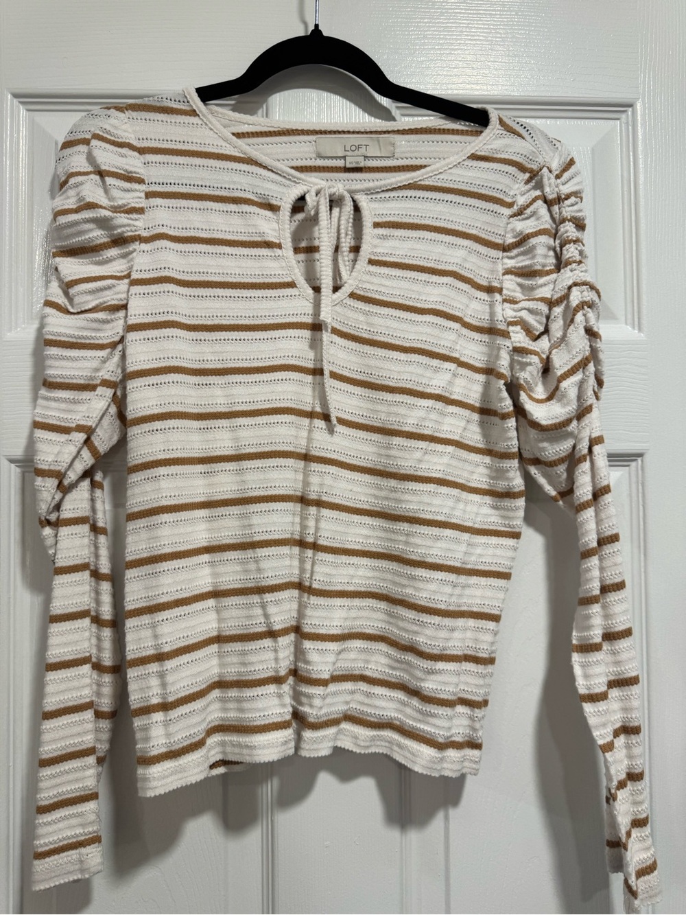LOFT Cream and Tan Striped Tie-Front Long Sleeve Top